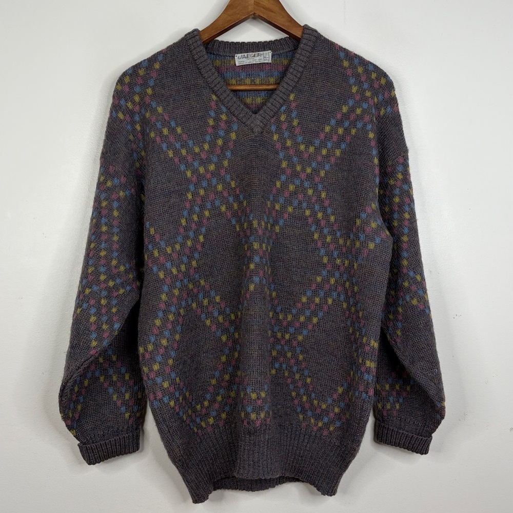 Vintage Jaeger Sweater Womens XL Gray Pink Blue Wool Fair Isle Diamond V Neck